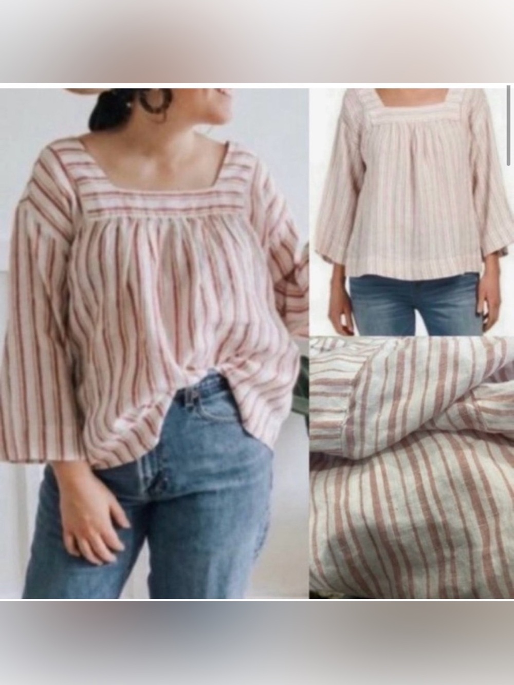 Rachel Zoe Linen Square-Neck Striped Peasant Tunic in Pink & Orange